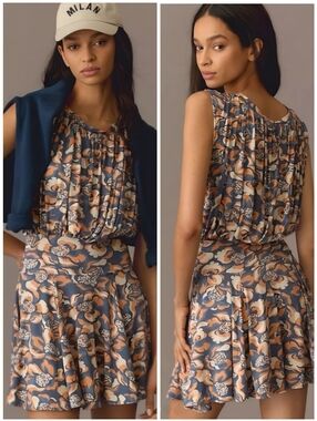 Anthro Daily Practice Drop Waist Floral Blue Orange Soft Dress, XS